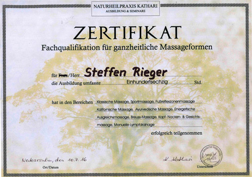 Steffen Rieger Zertifikat Massage